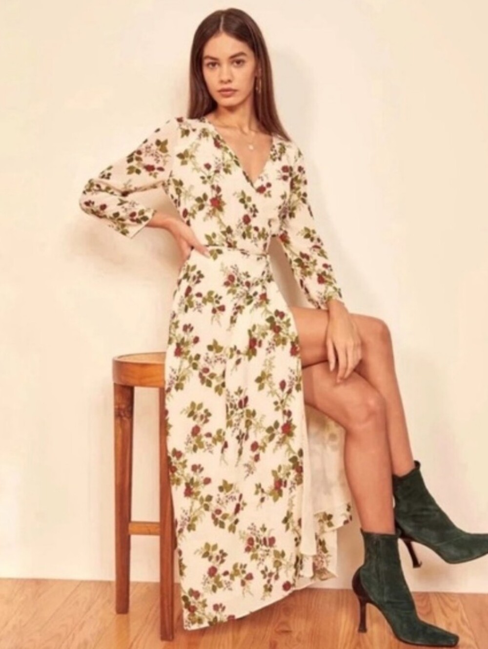 Reformation Alessandra Cream Floral Roses Midi Wrap Dress